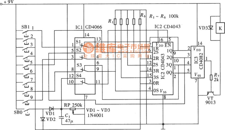 十位按键密码开关(CD4066、CD4043)电路