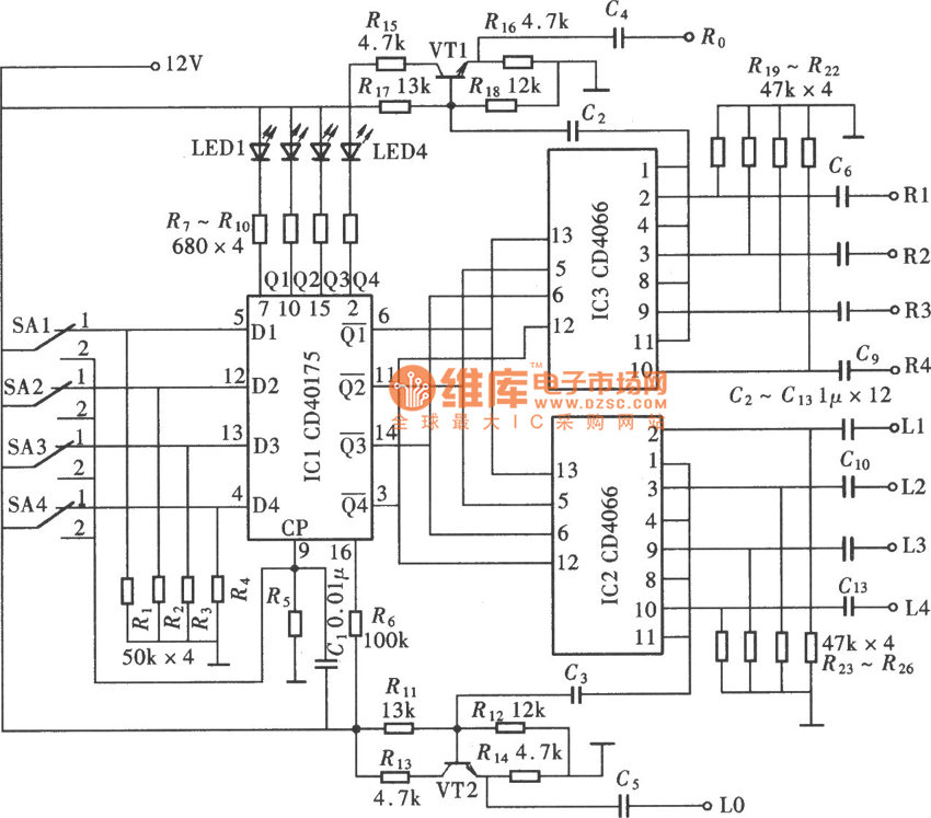 由CD40157、CD4066组成的四路电子切换开关电路
