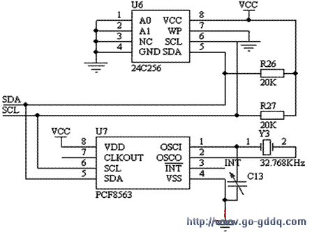 EEPROM24C256和PCF8563组成的日历时钟和存储电路