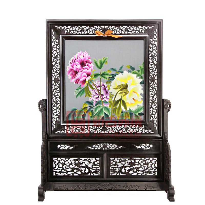 娇古苏绣双面绣摆件|精品双面手工刺绣牡丹花台屏|紫檀木框架苏绣商务礼品 娇古苏绣双面绣摆件|精品双面手工刺绣牡丹花台屏|紫檀木框架苏绣商务礼品